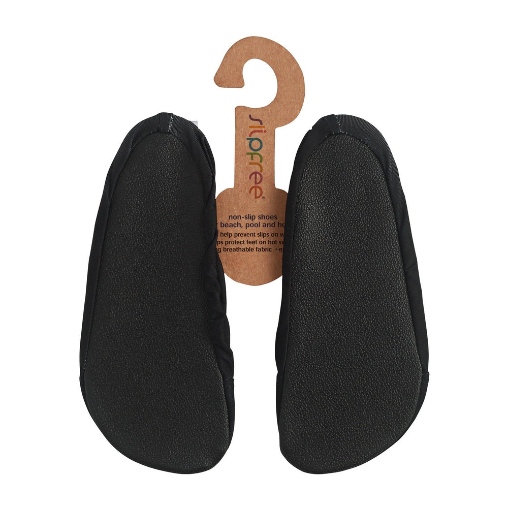 Black non-slip swim shoes, back.