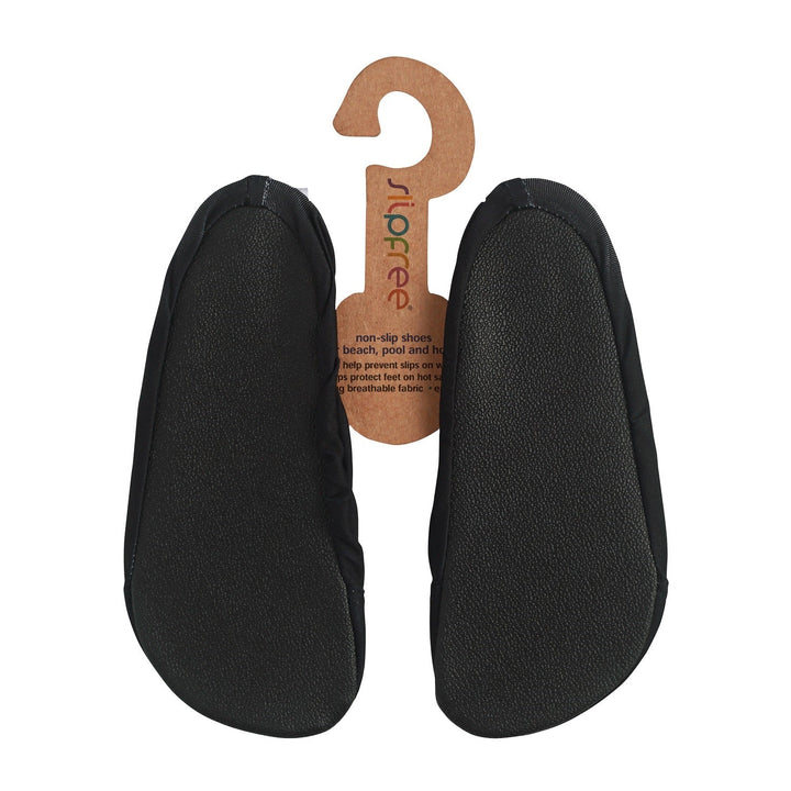 Black non-slip swim shoes, back.