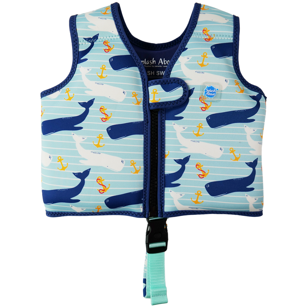 Neoprene swim vest for toddlers with non-removable floats in light blue, navy trims, and whales and anchors themed print. Front.