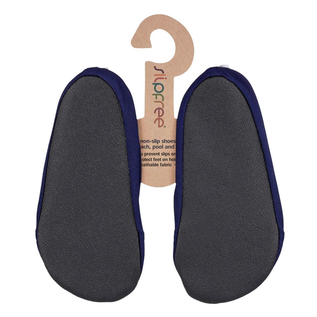 Navy blue non-slip swim shoes, back.