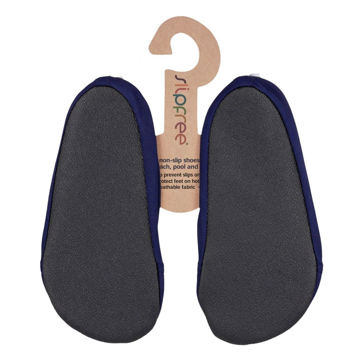 Navy blue non-slip swim shoes, back.