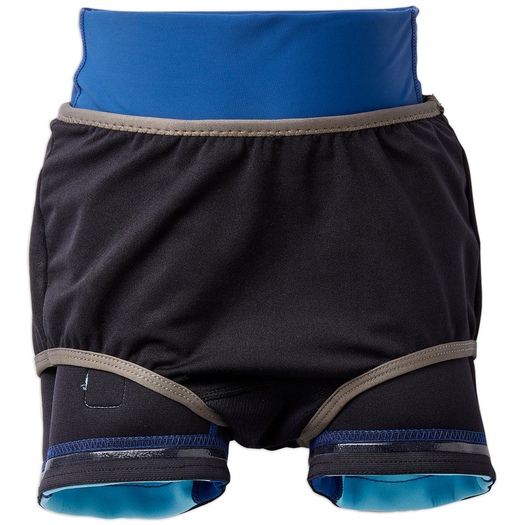 Neoprene swim shorts in blue and navy. Inside out.