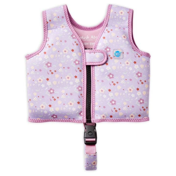 Neoprene swim vest for toddlers with non-removable floats in lilac, and floral print. Front.
