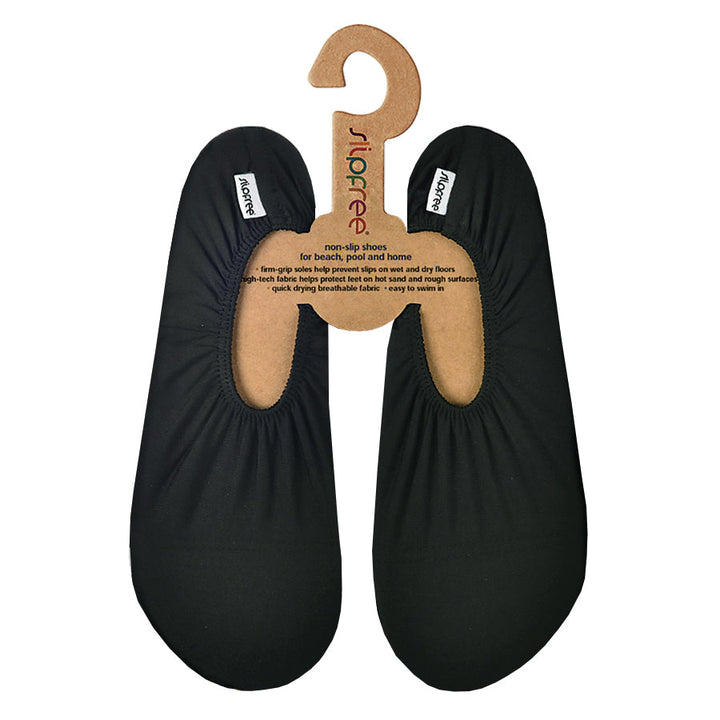 Black non-slip swim shoes, front.