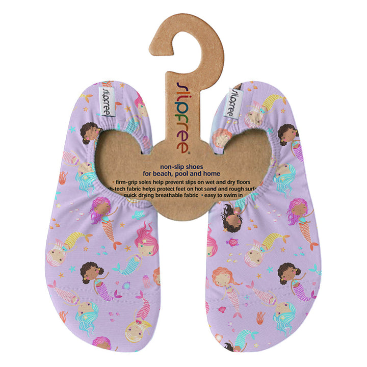Lilac non-slip swim shoes featuring mermaids themed print, front.