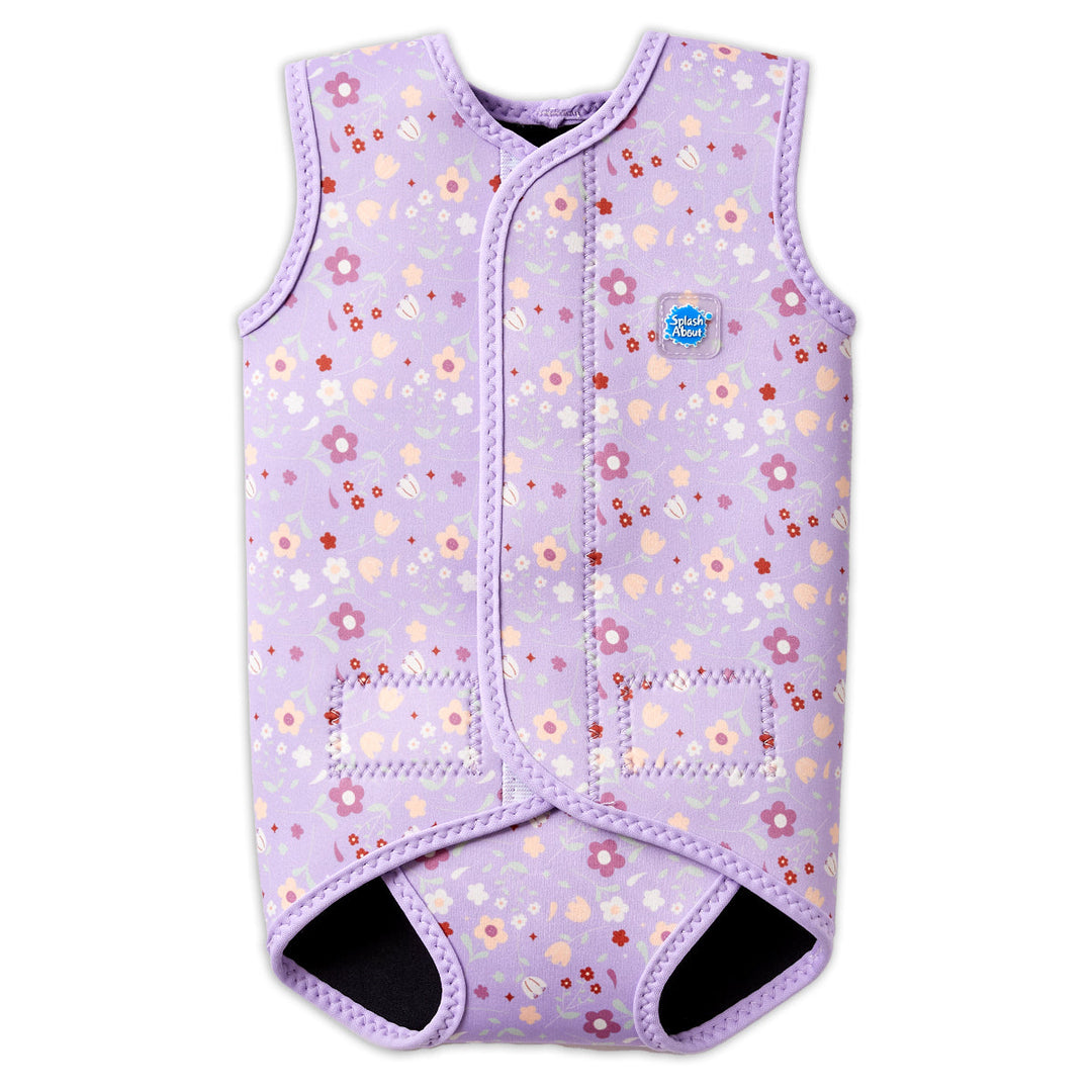 Neoprene baby wrap wetsuit in lilac with floral print. Front.