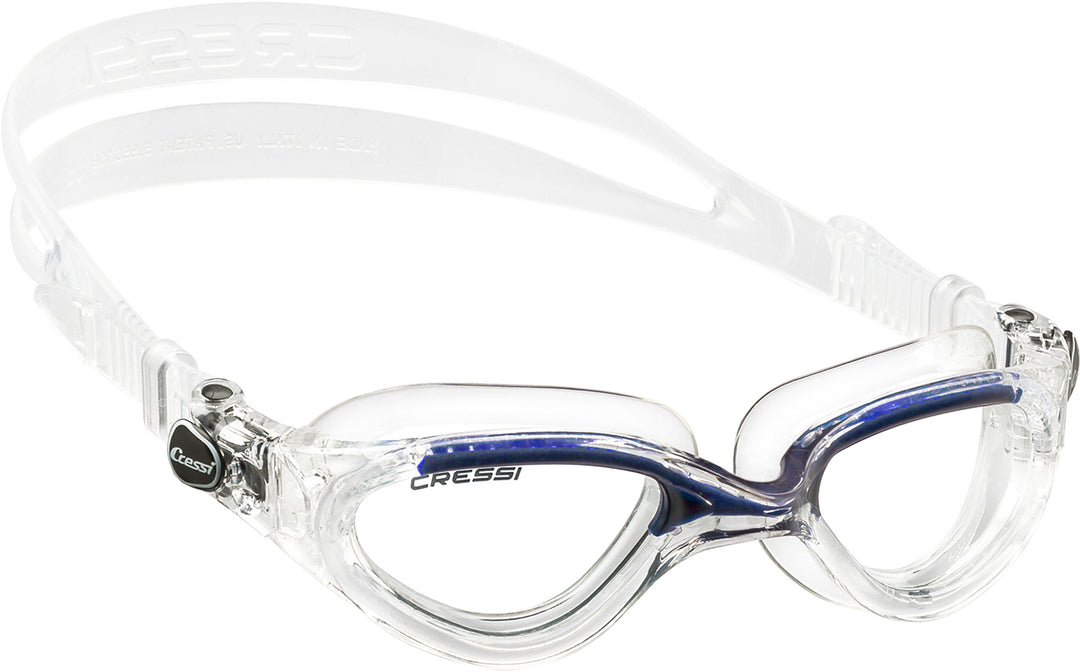 Clear and blue swim goggles