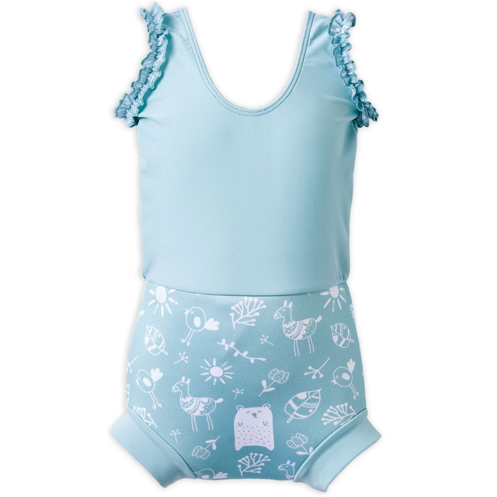 Happy Nappy Costume in greenish blue featuring animals themed print, including bears, birds and llamas. Back.