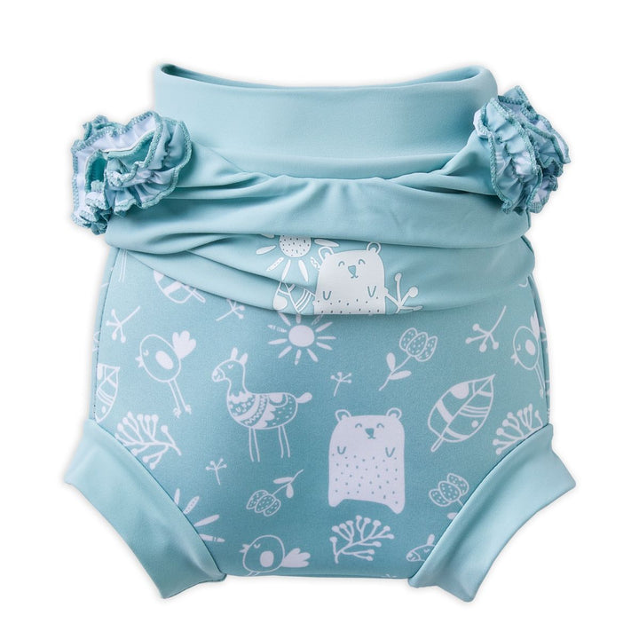 Happy Nappy Costume in greenish blue featuring animals themed print, including bears, birds and llamas. Back. The top has been scrunched down to reveal the built-in Happy Nappy underneath.