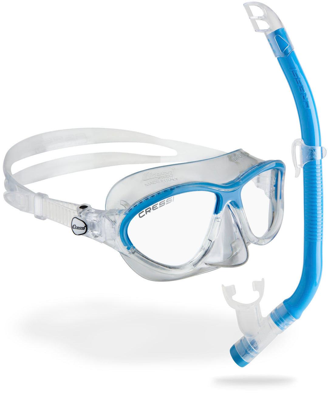 Swim mask and snorkel in clear and blue