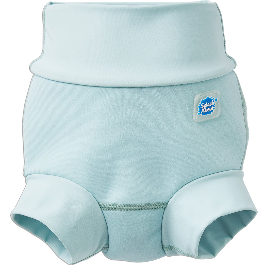 Reusable swim nappy in plain pistachio colour. Front.