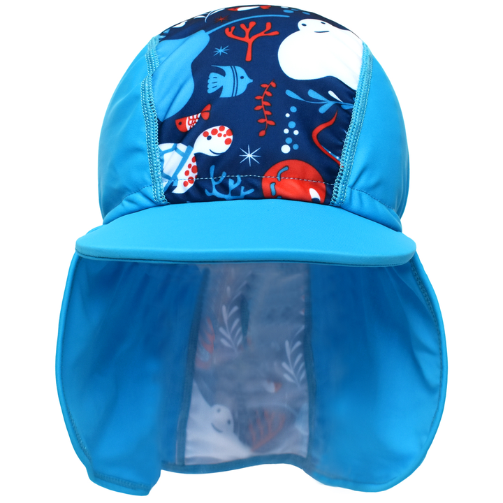 Legionnaire style sun hat in cyan and navy blue, with under the sea themed print panel. Front.