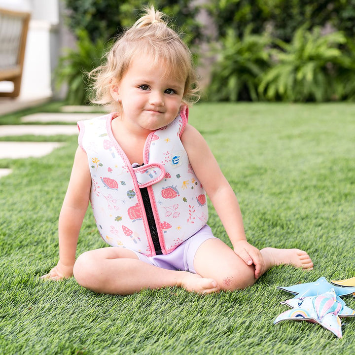 Lifestyle image of child wearing neoprene swim vest for toddlers with non-removable floats in white, pink trims and forest themed print, including hedgehogs, mushrooms and leaves. Front.