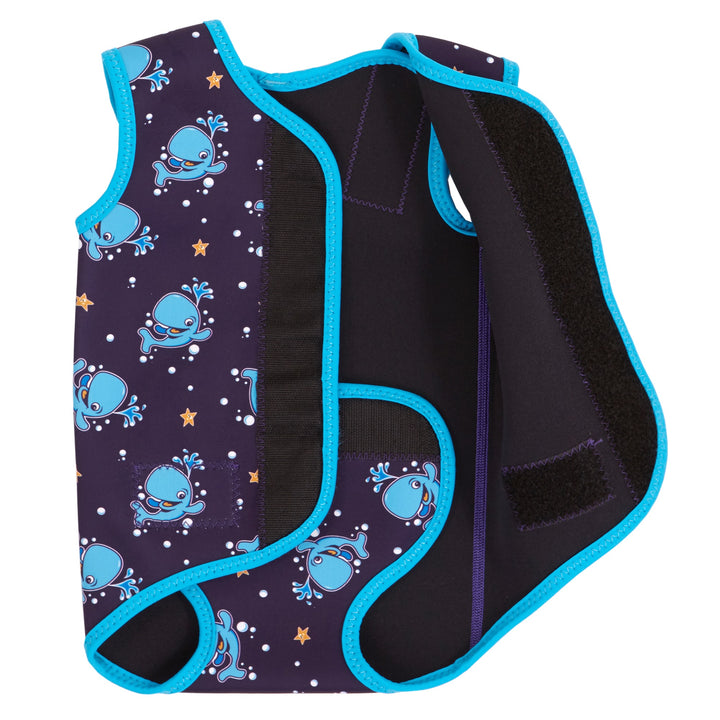 Neoprene swim wrap in blue Bubba the whale print open back