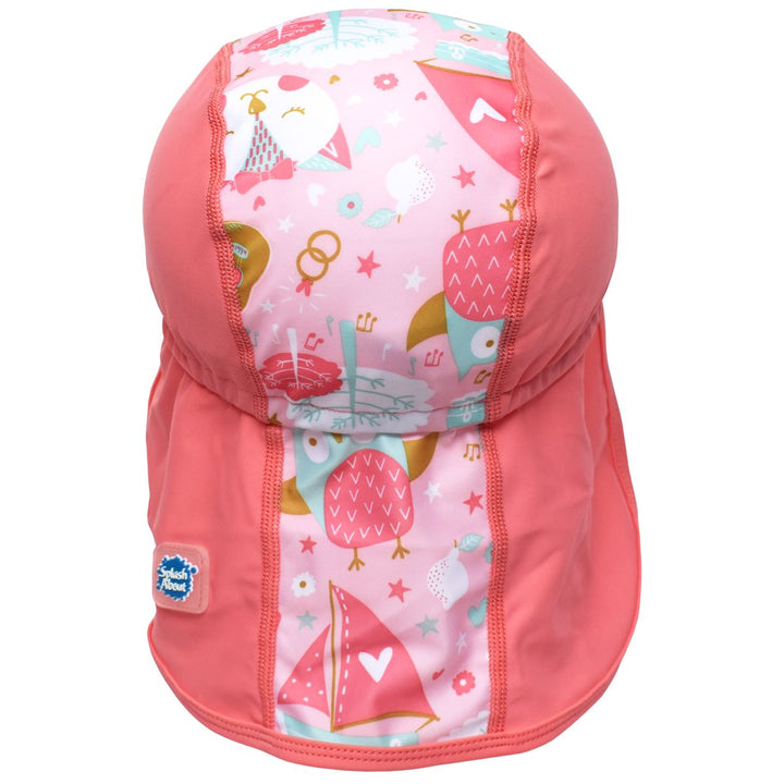 Legionnaire style sun hat in reddish pink and baby pink, with the owl and the pussycat themed print panel. Back.