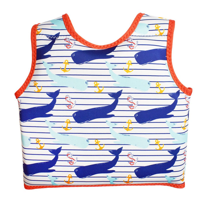 Neoprene swim vest for toddlers with non-removable floats in white with red trims, whales themed print and navy blue stripes. Back.