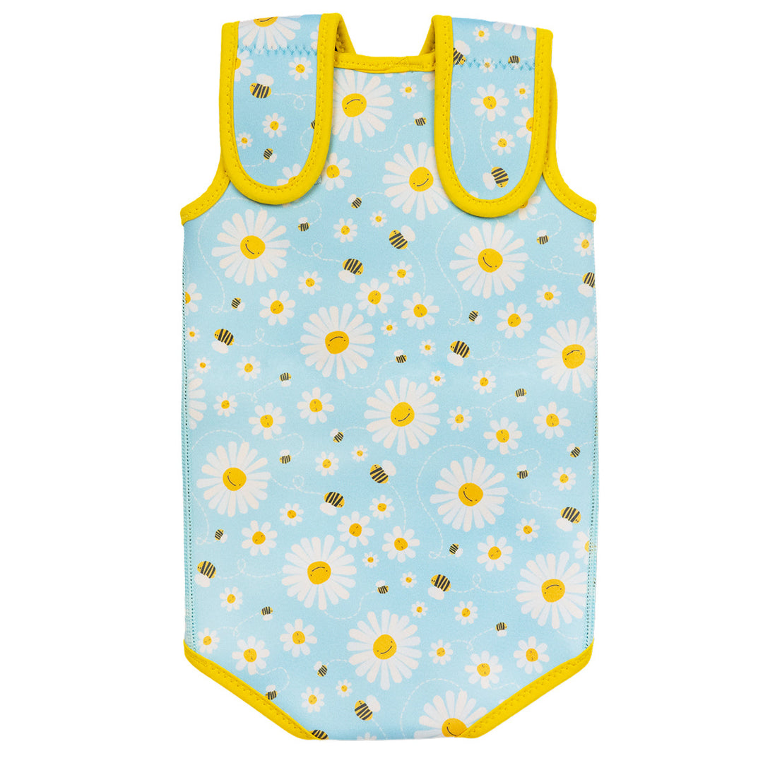 Neoprene baby wrap wetsuit in baby blue with yellow trims and daisies and bees themed print. Back.