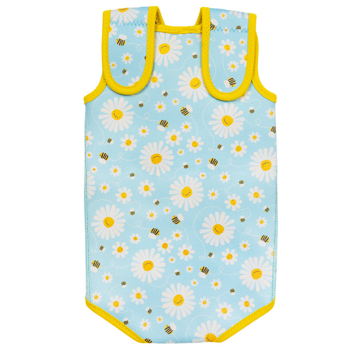 Neoprene baby wrap wetsuit in baby blue with yellow trims and daisies and bees themed print. Back.