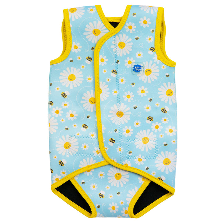 Neoprene baby wrap wetsuit in baby blue with yellow trims and daisies and bees themed print. Front.