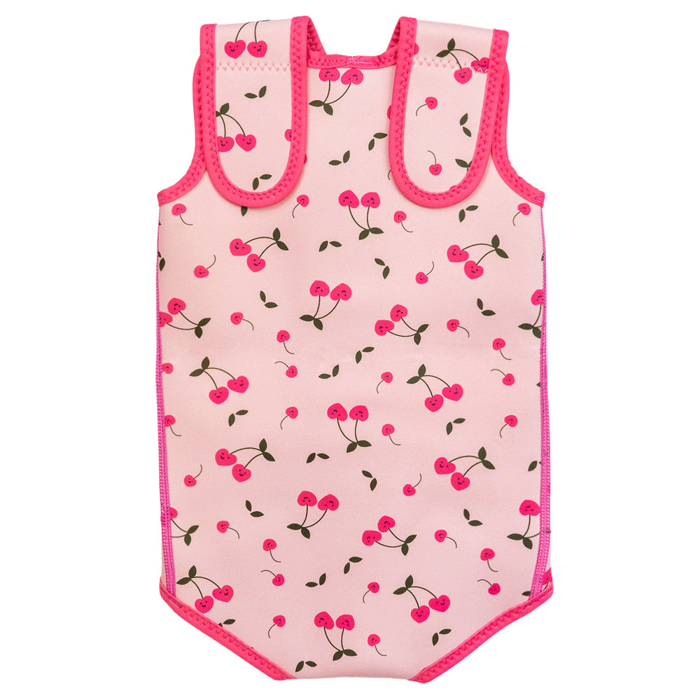 Neoprene baby wrap wetsuit in pink and cherries themed print. Back.