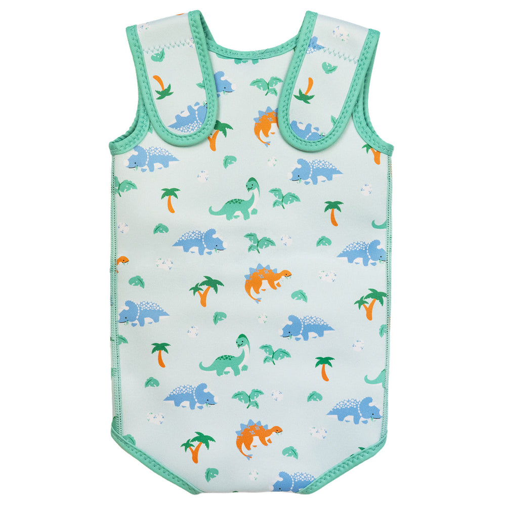Neoprene baby wrap wetsuit in mint and dinosaurs themed print. Back.
