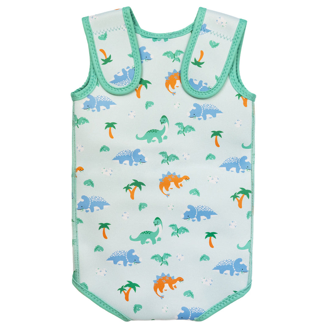 Neoprene baby wrap wetsuit in mint and dinosaurs themed print. Back.