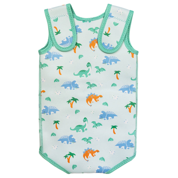 Neoprene baby wrap wetsuit in mint and dinosaurs themed print. Back.