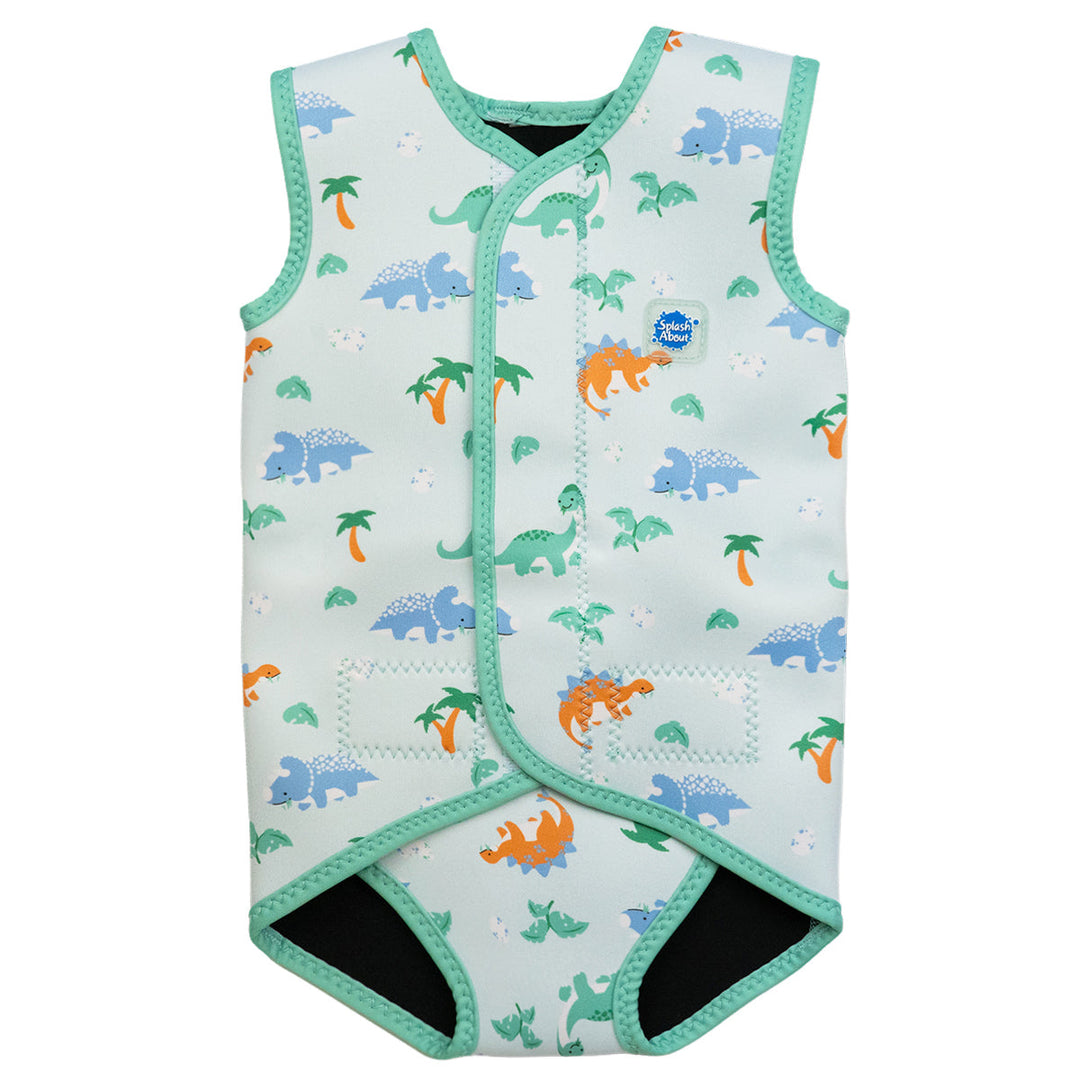Neoprene baby wrap wetsuit in mint and dinosaurs themed print. Front.