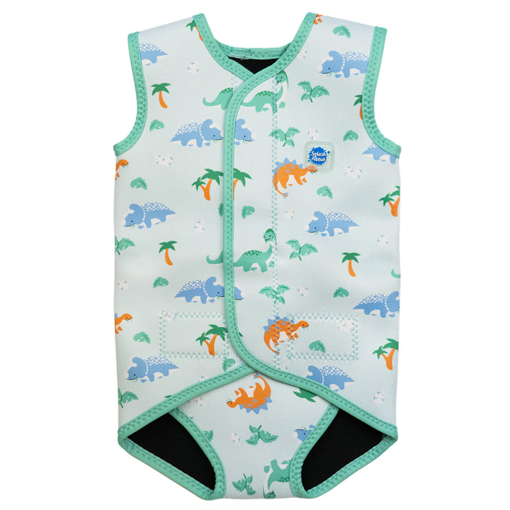 Neoprene baby wrap wetsuit in mint and dinosaurs themed print. Front.
