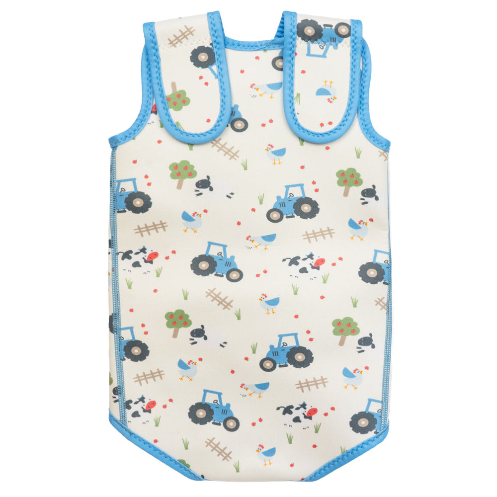 Neoprene baby wrap wetsuit in white with blue trims and farm themed print. Back.