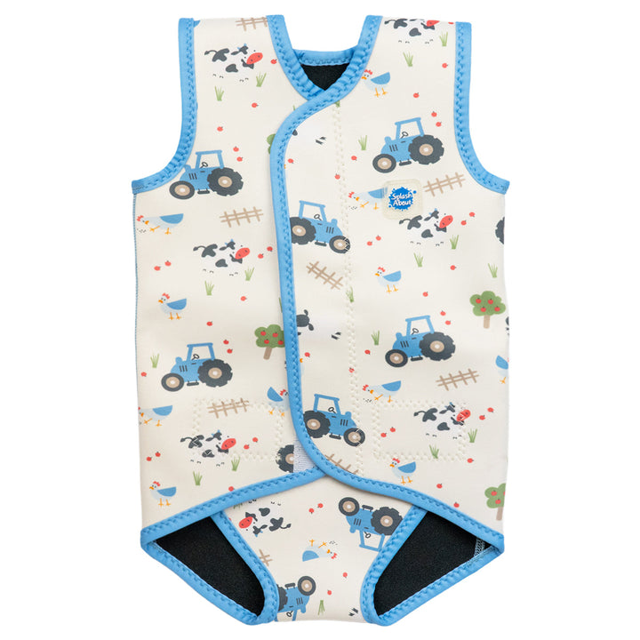 Neoprene baby wrap wetsuit in white with blue trims and farm themed print. Front.