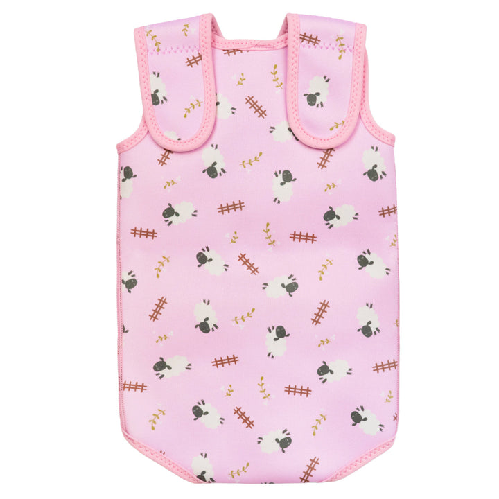 Neoprene baby wrap wetsuit in baby pink and sheep themed print. Back.