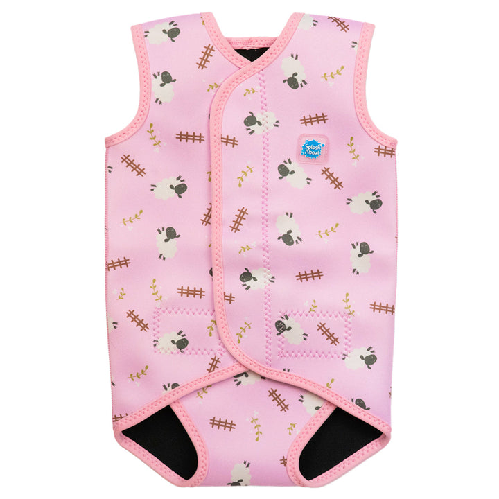 Neoprene baby wrap wetsuit in baby pink and sheep themed print. Front.