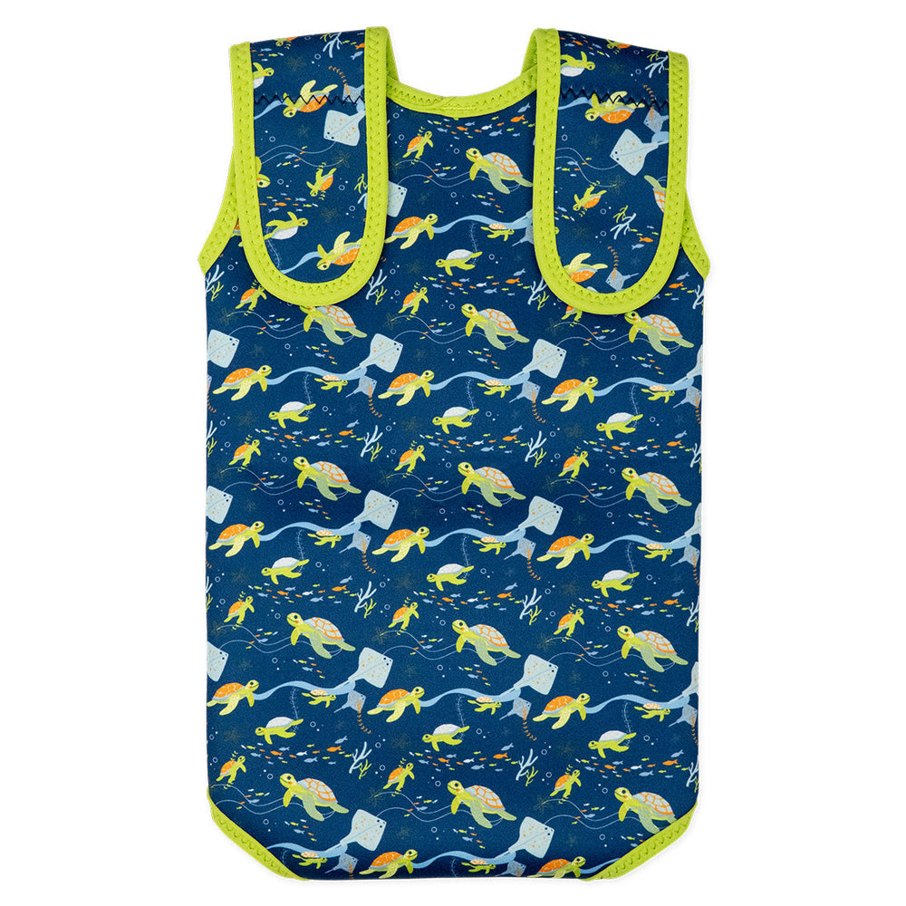 Neoprene baby wrap wetsuit in navy with lime trims and turtles themed print. Back.