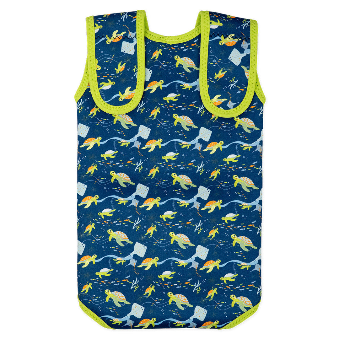 Neoprene baby wrap wetsuit in navy with lime trims and turtles themed print. Back.