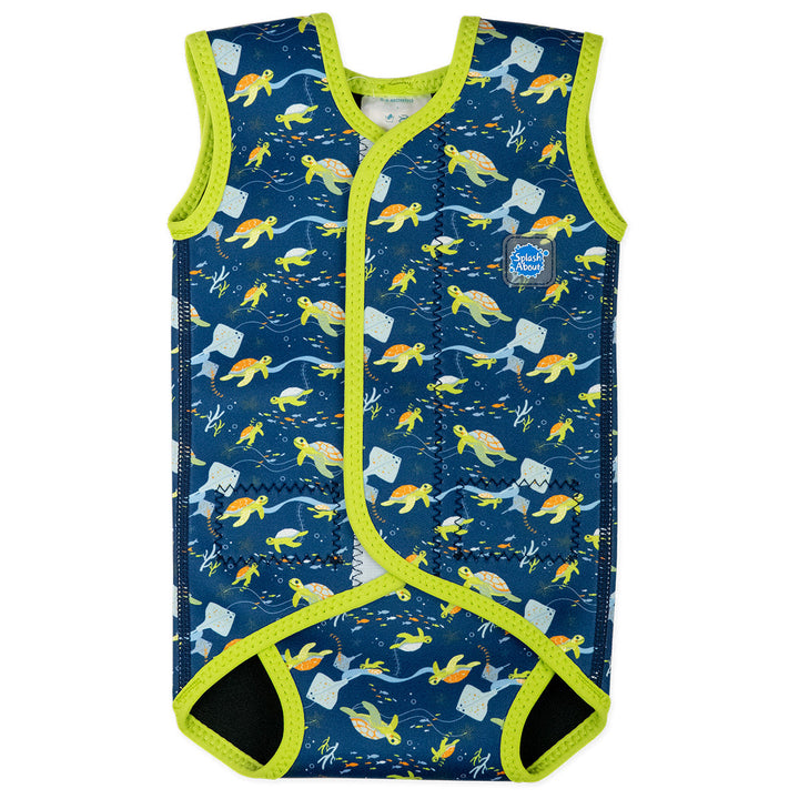Neoprene baby wrap wetsuit in navy with lime trims and turtles themed print. Front.