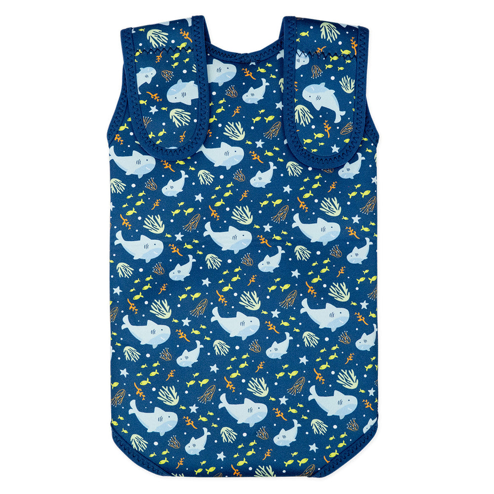 Neoprene baby wrap wetsuit in navy and sharks themed print. Back.