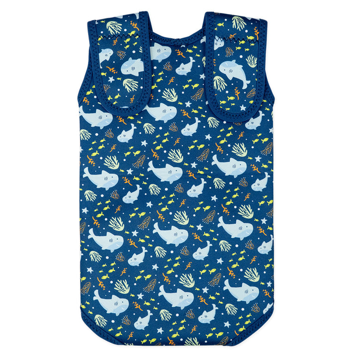 Neoprene baby wrap wetsuit in navy and sharks themed print. Back.