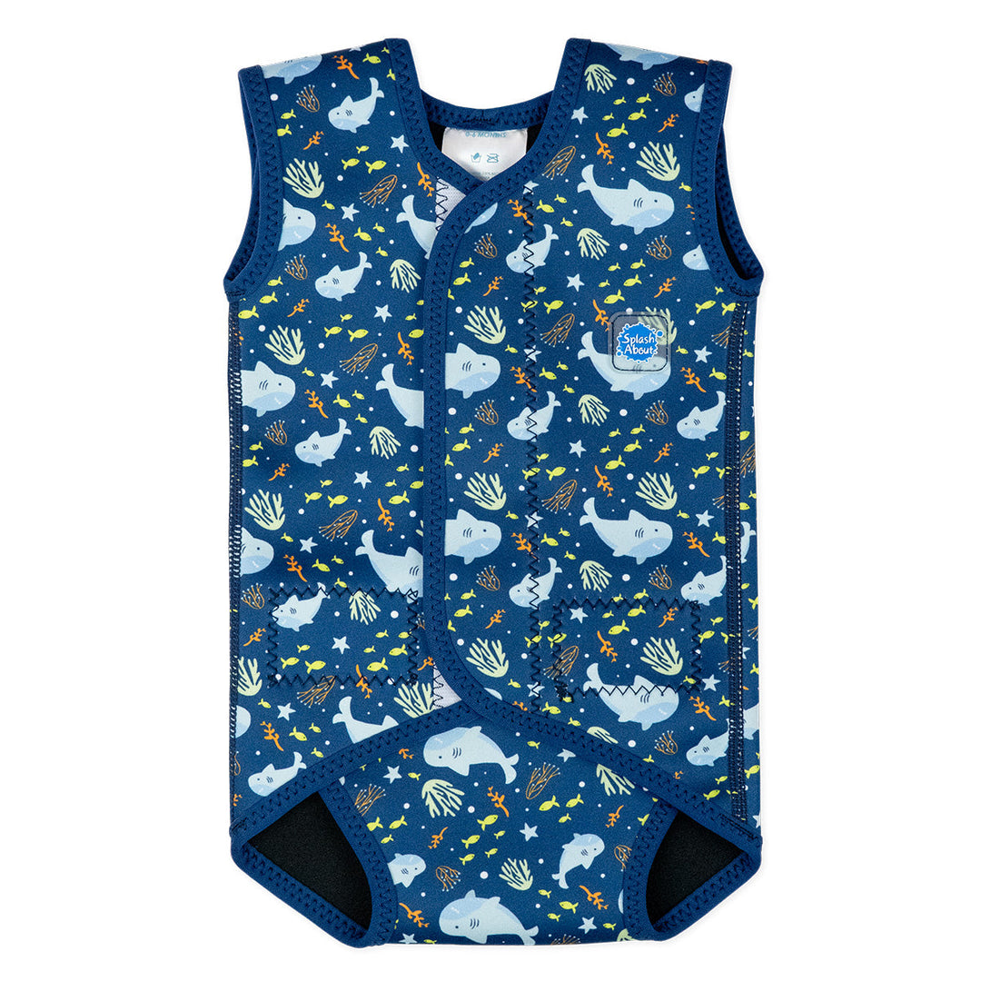 Neoprene baby wrap wetsuit in navy and sharks themed print. Front.