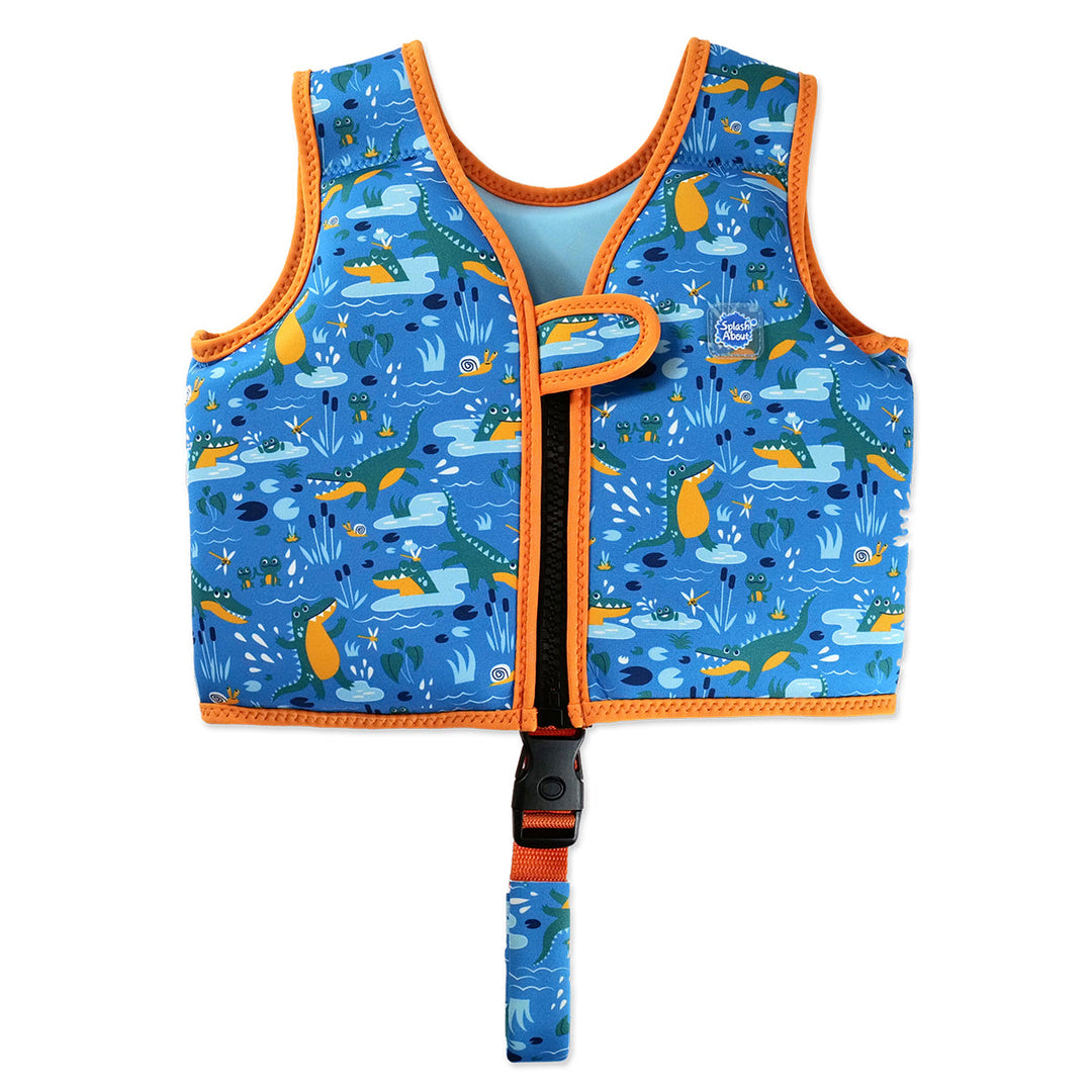 Swim vest for toddlers with non-removable floats in blue, bright orange trims, and crocodiles and frogs themed print. Front.