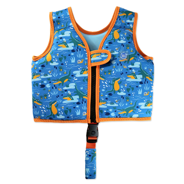 Swim vest for toddlers with non-removable floats in blue, bright orange trims, and crocodiles and frogs themed print. Front.