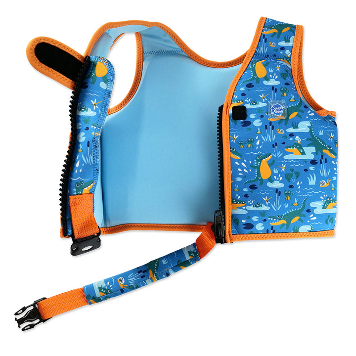 Swim vest for toddlers with non-removable floats in blue, bright orange trims, and crocodiles and frogs themed print. Open.
