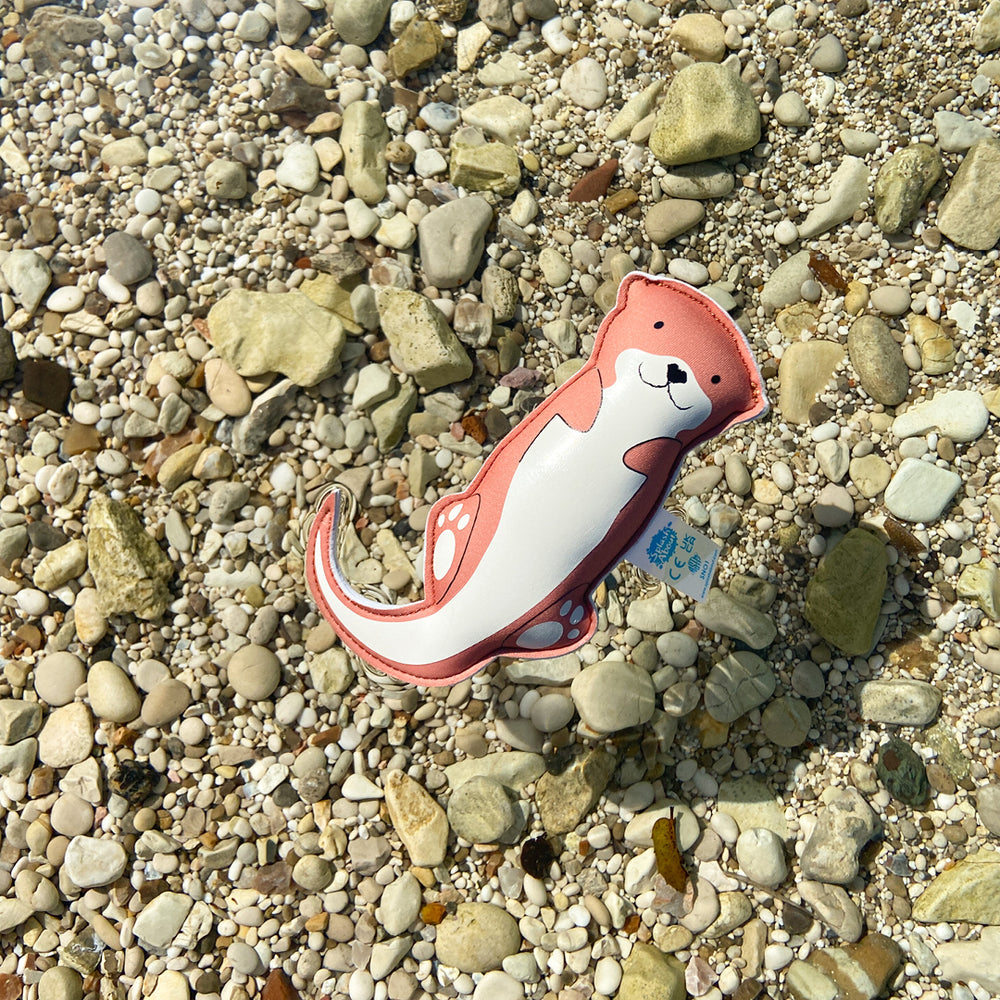 Otter themed neoprene toy, floating in the river