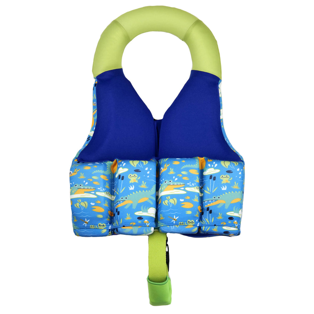 Back view of Croc Creek Early Years swim vest with crocodile and water-themed print on white background