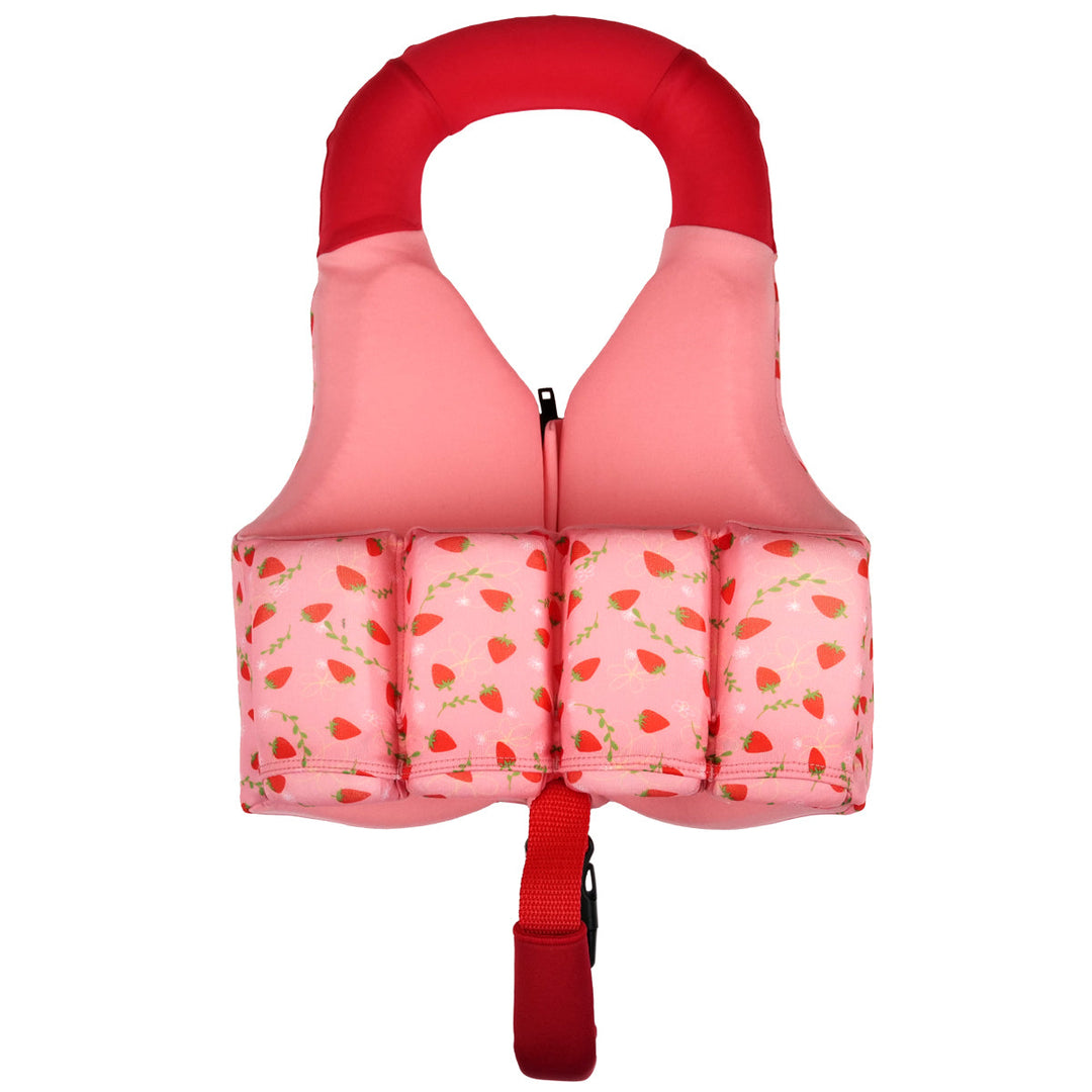 Early years swim vest with strawberries print, front zip and bright red trim for kids learn to swim, back.