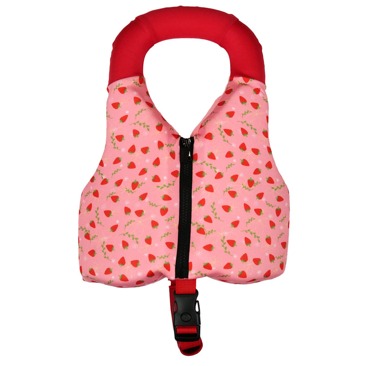 Early years swim vest with strawberries print, front zip and bright red trim for kids learn to swim, front.