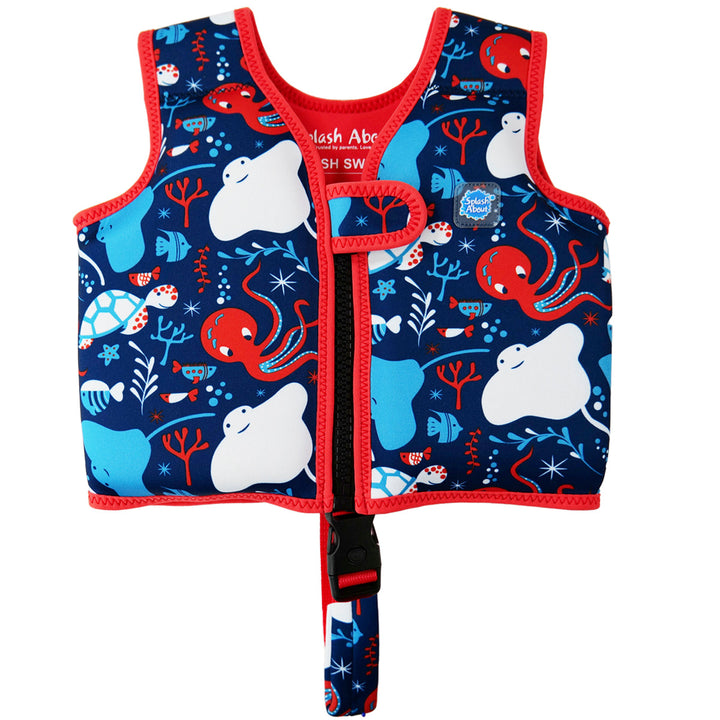 Neoprene swim vest for toddlers with non-removable floats in navy, red trims, and sea life themed print. Front.