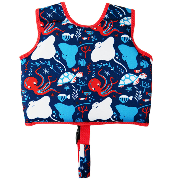 Neoprene swim vest for toddlers with non-removable floats in navy, red trims, and sea life themed print. Back.