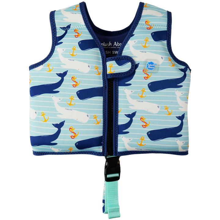 Neoprene swim vest for toddlers with non-removable floats in light blue, navy trims, and whales and anchors themed print. Front.