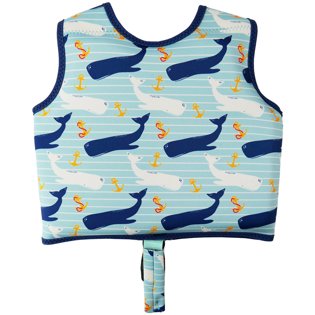 Neoprene swim vest for toddlers with non-removable floats in light blue, navy trims, and whales and anchors themed print. Back.
